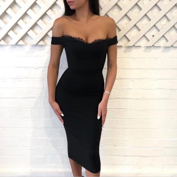 NOOKIE Chloe Lace Off The Shoulder Midi Dress In Black - Picture 1 of 5